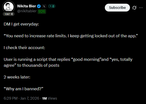 Nikita Bier tweet about X spam detection and automation