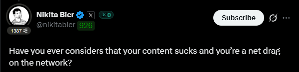 Nikita Bier tweet about content quality and network value